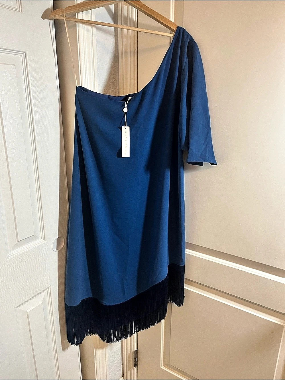 Trina Turk One-Shoulder Fringe Dress in Blue Size Small NWT